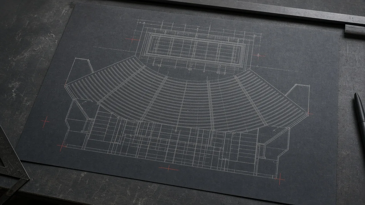Product render of a venue ground plan — stage, seating rows, and a truss grid