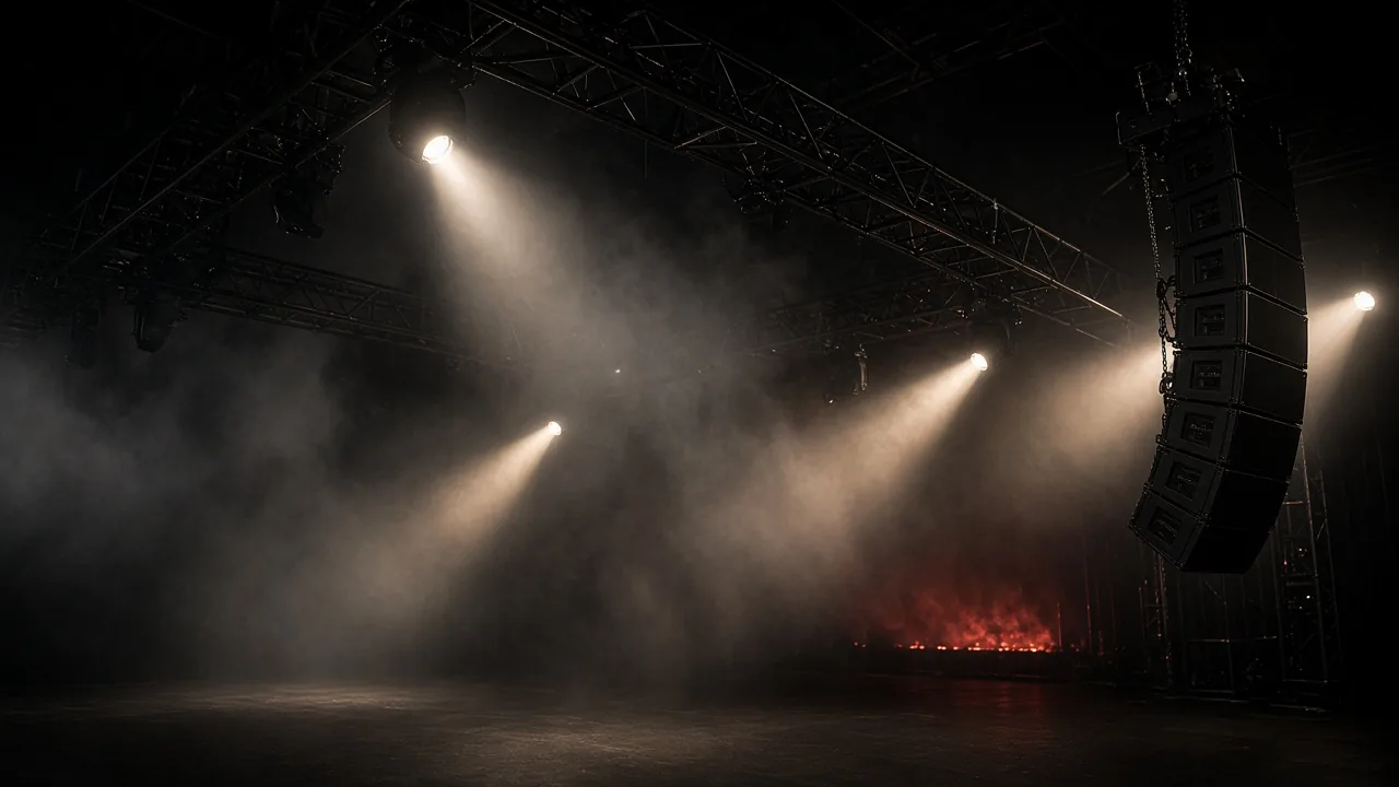Product render of truss, spotlights, and a line array over a dark stage